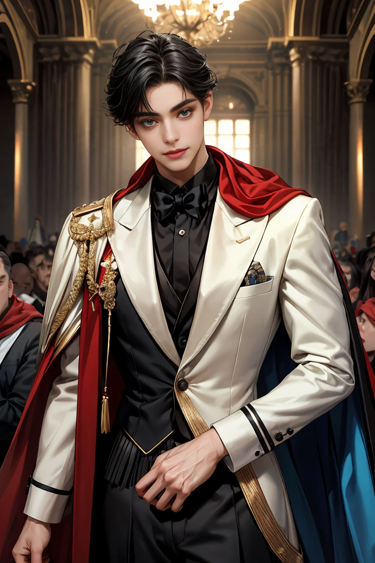 masterpiece, 最high quality, high quality, 1 boy, alone, Male focus, Watching the audience, Messy black hair, Adorable big blue eyes, White, Noble, Noble, Tuxedo、A very voluminous, large, very large, very large, long, long red and black cape with a high stand-up collar, reaching down to the floor, made of a lot of fabric., ,Cute beautiful boys,Cute, cute, gentle smiling handsome man