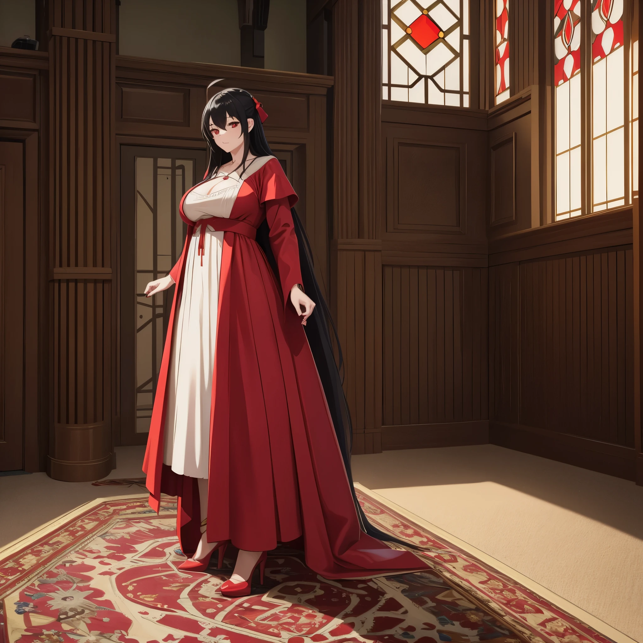 A woman wearing a very personalized red medieval maiden's dress with golden details, long black hair, hair Ahoge, golden bow in her hair, golden feather in her hair, red eyes, red heels, large breasts, background of a large luxurious medieval room, (room with carpet red, artistic frame, glass window), full body, surrealism, drop shadow, anaglyph, stereogram, tachi-e, pov, atmospheric perspective, depth of field, cinematic lighting, hyperrealism, 8k, super detail, precise, best quality, textured skin, high resolution, best quality, 8k, high details, UHD, bokeh effect. ( solo woman)
