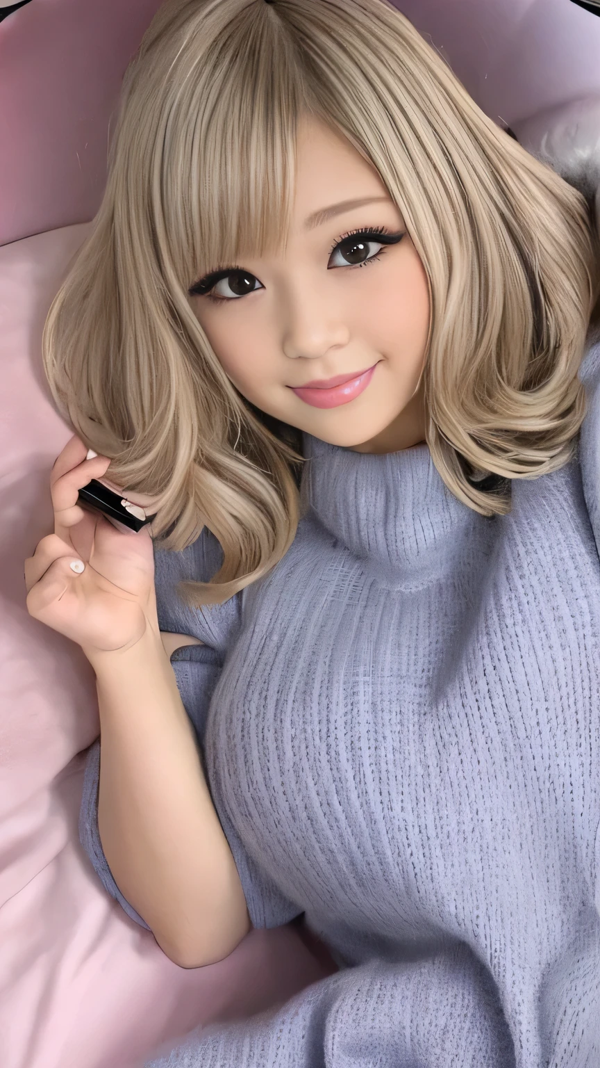 Browsing Caution、throw、Photorealistic perfect body、super high quality、Ultra HD、Japanese、15 years old、(lolita girl:1.5)、、(Short sweater dress:1.3)、(、(Accentuate your thighs:1.5)、、(smile:1.1)、blonde、(Bumpy Hair/Bouffant/big Bouffant:1.2)、、(Gal-style dense shadow eyeliner)、(Long False Eyelashes)、Gal-style makeup、 、、Looking at the camera、Lying on the bed、