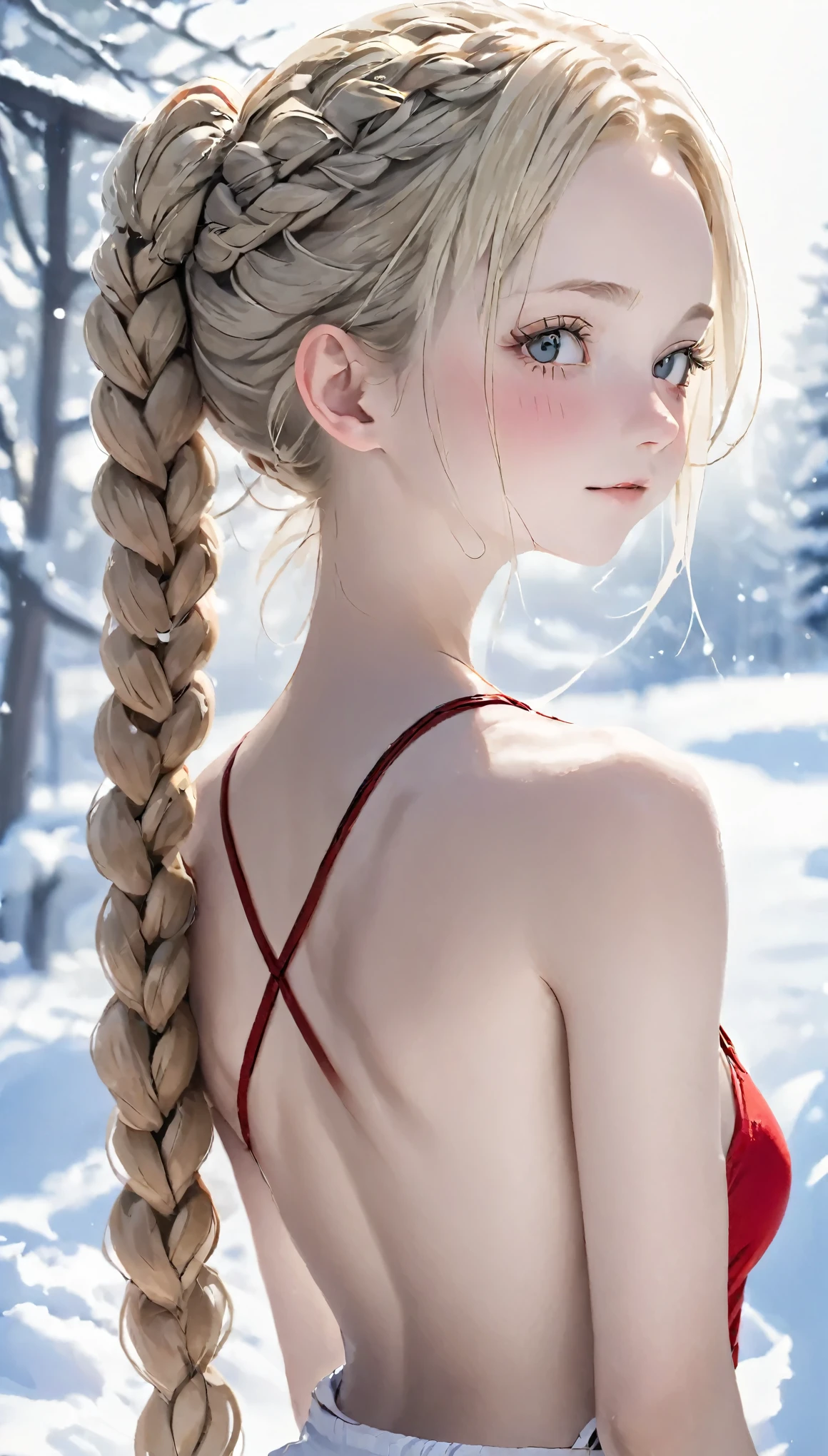 Realistic portraits、Perfect Anatomy、Young European Woman、Grey blonde girl、Loosely tied braids、Very realistic face、Ultimate beauty、Slender body、Snow-like skin、、Attractive ass、Awkward ass、(((White tank top and red T-back)))、highest quality、High resolution、High resolution、Cinema Lighting、Professional Photographer

