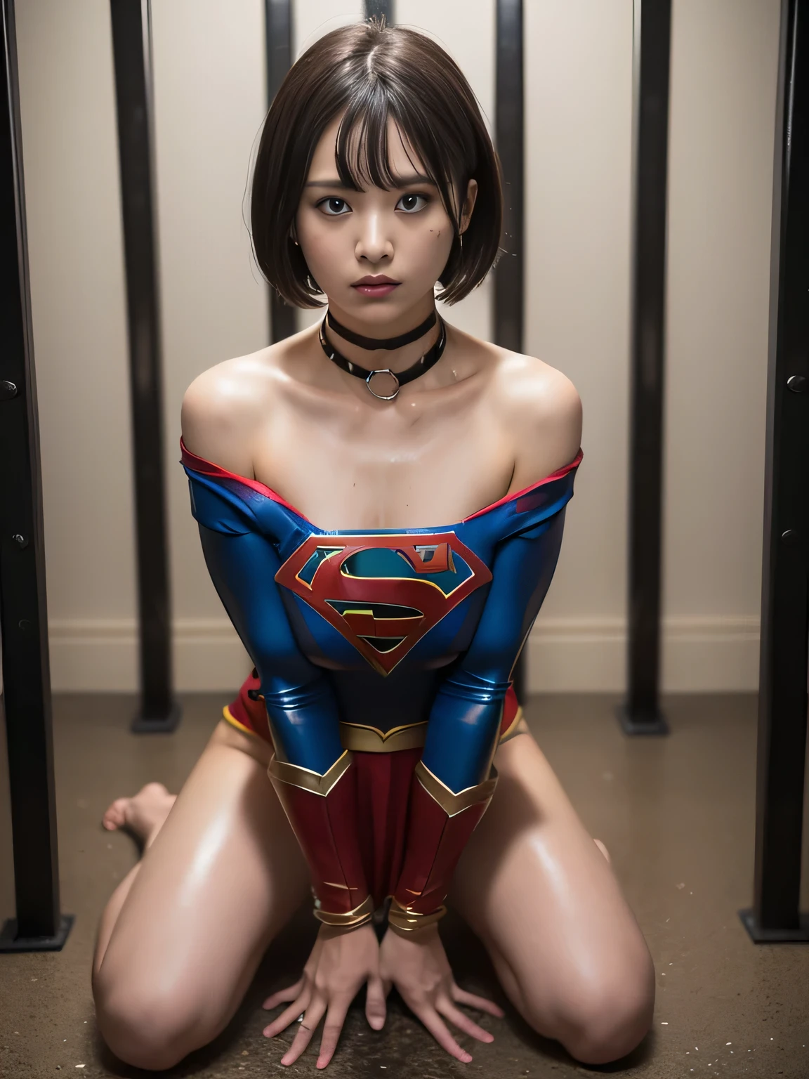 masterpiece、Supergirl Costume、short hair、barefoot、Big and ample breasts、Crisis situation、Complete surrender、Underground Prison、In a cage、Abused、Kneel、Sweaty、Shiny、looking at the camera、Rusted chains、choker、Long sleeve、Sexy poses to seduce、Poor environment、Humiliating、Off the shoulder、latex、