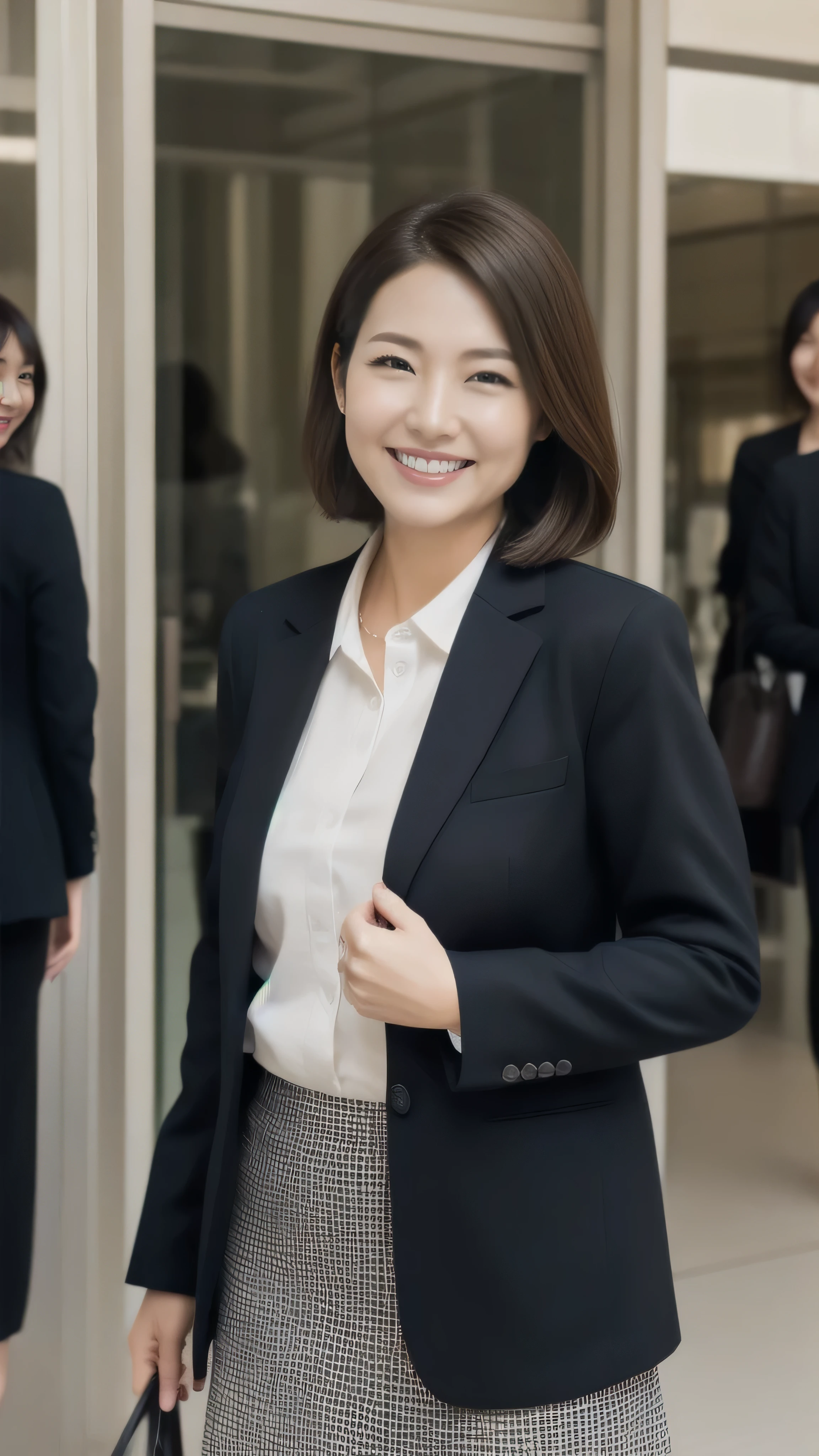 Married Woman's Face、30 years old、Middle-aged women、Business jacket、skirt、Beautiful legs、High quality、Ultra-realistic、A cheerful smile、Japanese Wife、 Perfect Eyes、Radiant Skin、Tokyo Station