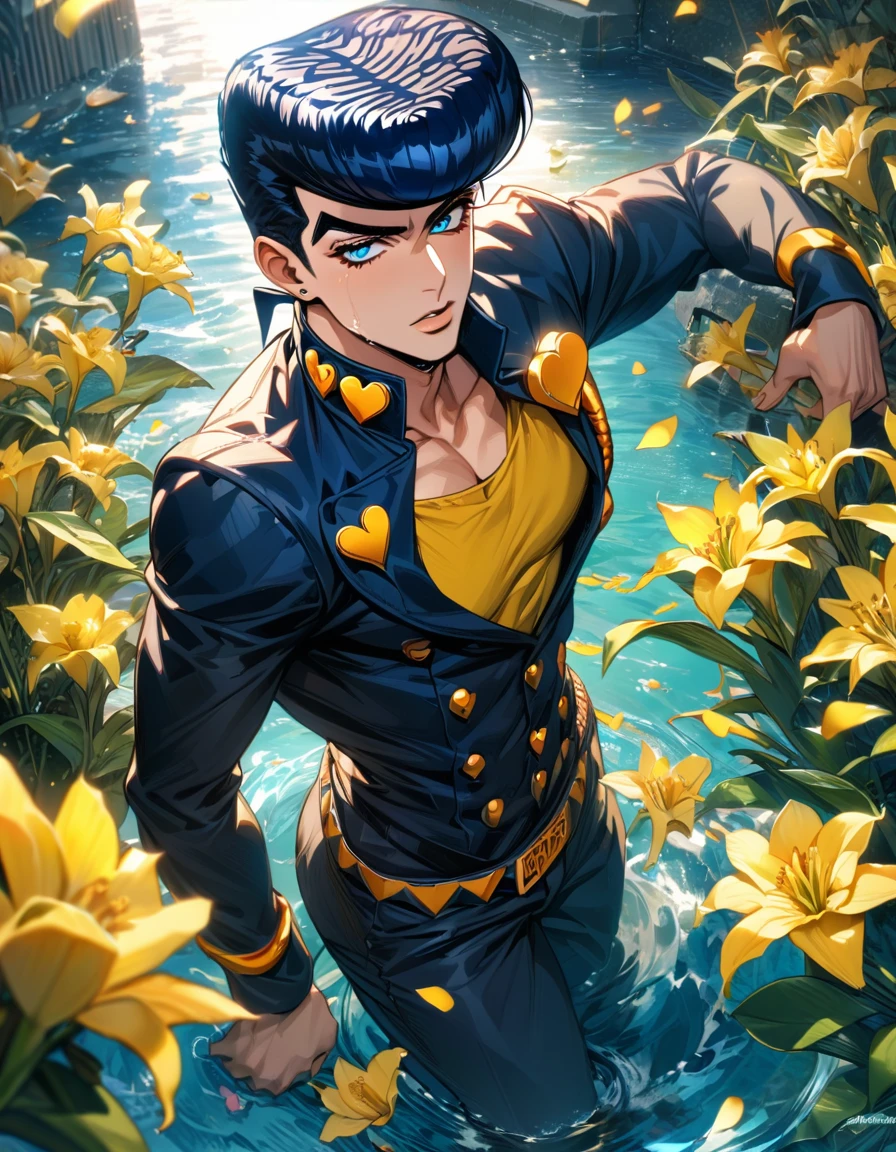 absurdres, highres, ultra detailed, HDR, master piece, best quality, Josuke Higashikata, dark blue hair, expressive blue eyes, jojo bizarre adventure, solo, sexy man, handsome, black clothes, water, yellow butterflies, yellow lilies, petals