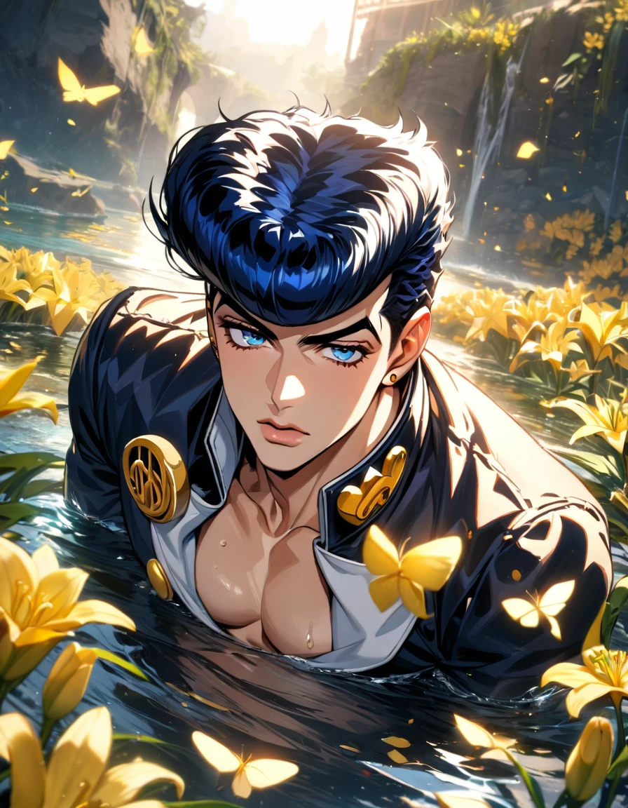 absurdres, highres, ultra detailed, HDR, master piece, best quality, Josuke Higashikata, dark blue hair, expressive blue eyes, jojo bizarre adventure, solo, y man, handsome, black clothes, water, yellow butlies, yellow lilies, petals