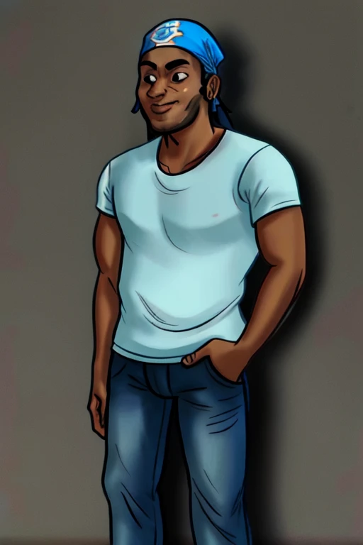 obra de arte, melhor qualidade, bandana azul, pupilas pontilhadas, tartaruga, tartaruga boy, Sozinho, olhando para o espectador, sorriso, 1 menino, tronco, foco masculino, olhos pretos, olhando para o espectador, pele verde, camisa preta, Manga curta, jeans