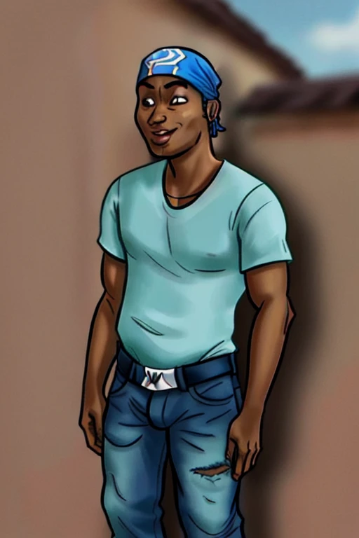 obra de arte, melhor qualidade, bandana azul, pupilas pontilhadas, tartaruga, tartaruga boy, Sozinho, olhando para o espectador, sorriso, 1 menino, tronco, foco masculino, olhos pretos, olhando para o espectador, pele verde, camisa preta, Manga curta, jeans