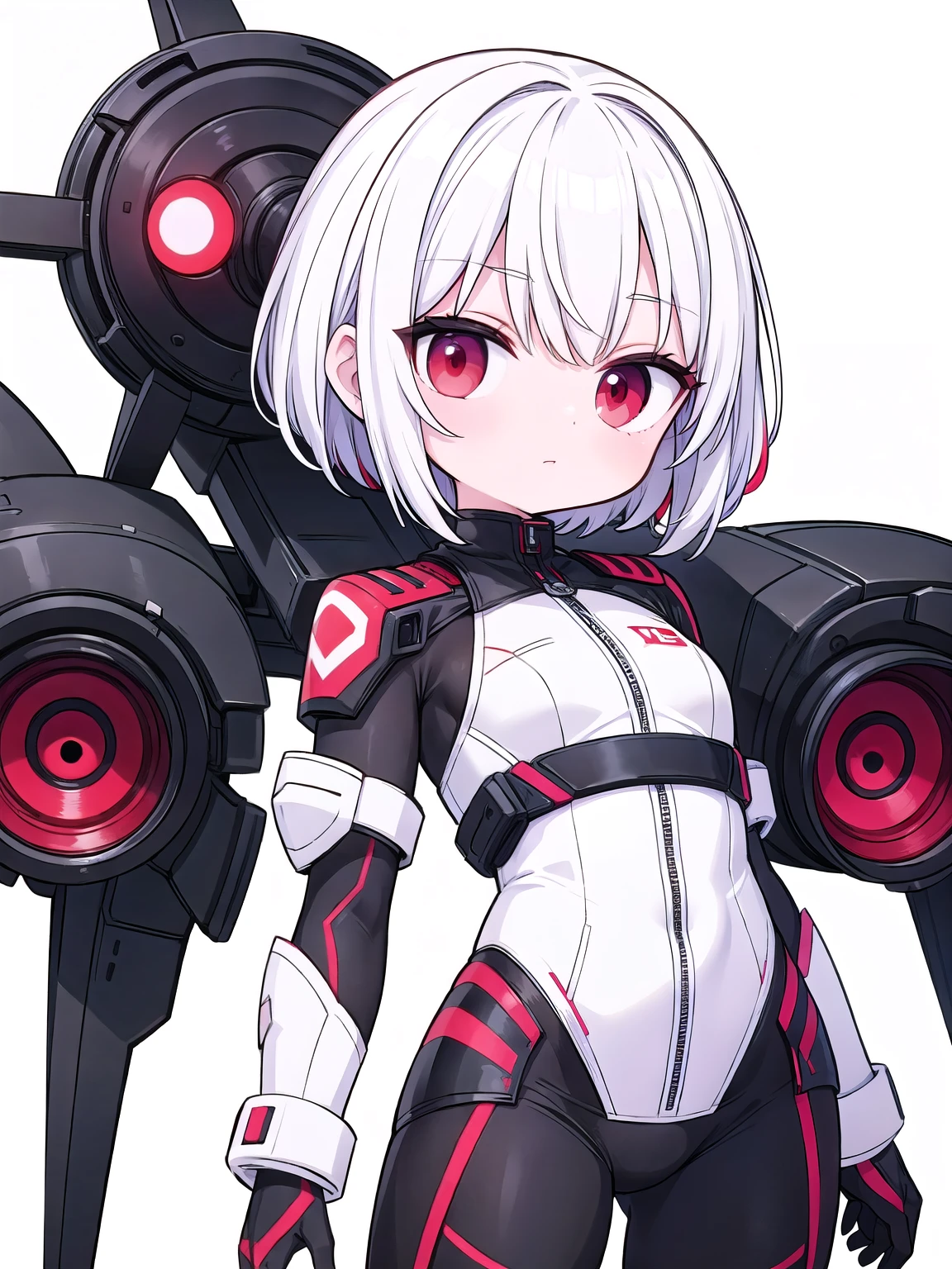 ( girl red eyes white hair), (sci-fi:1.1),(black color guard suit), (white background:1.5)