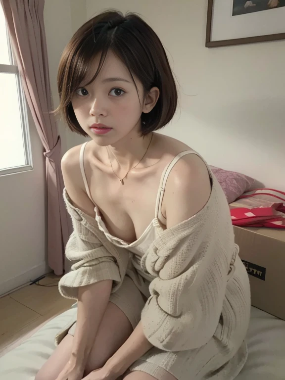 highest quality, Chest Focus, Soft Light, Ultra-high resolution, (Realistic:1.4), RAW Photos, 1 Japanese girl, alone, Flat Chest, Down blouse,  Small breasts, (pupil, Light in your eyes),Lingerie with sexy details,Layered, loose-fitting dress, (Small box),(High resolution detail of human skin texture), short hair,necklace,  From top left ,