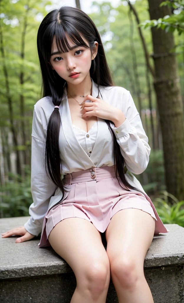 1girl, 18 years old busty woman, view from below, eye glasses, black twintail hair, bangs, light pink blush, sitting on a big rock, dark forest, white sleeveless blazer, cleavage, big , small waist, crop mini skirt, thicc_thighs
thighs, legs, perfect fingers, legs apart,