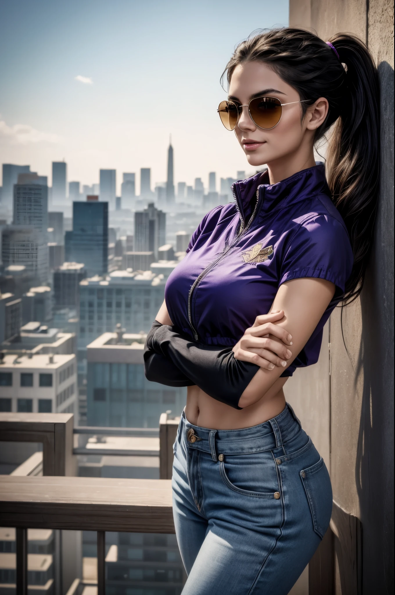 masterpiece, best quality, extremely detailed, hyperrealistic:1.1, photorealistic, a beautiful 20s russian model, ultra detailed face:1.1, lower ponytail, black hair, purple crop top, collared jacket, crossed arms:1.2, from side, sunglasses on head:1.1, cityscape, view from high rise, smiling