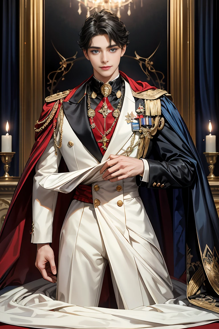 masterpiece, 最high quality, high quality, 1 boy, alone, Male focus, Watching the audience, Messy black hair, Adorable big blue eyes, White, Noble, Noble, Tuxedo、A very voluminous, large, very large, very large, long, long red and black cape with a high stand-up collar, reaching down to the floor, made of a lot of fabric., 17 years old,Cute beautiful boys,Cute, cute, gentle smiling handsome man