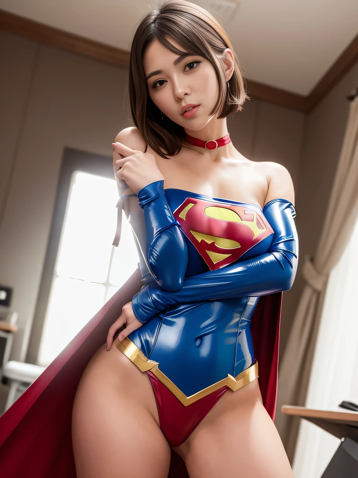 masterpiece、Enamel Supergirl Costume、Short Hair、Hospital operating table、Crisis situation、Big and ample breasts、looking at the camera、Shiny、Off the shoulder、choker、Long sleeve、Red exy poses to seduce、Sweaty、Model Body Type、Alluring、charm、Enchanting、Abused、test subject、victim、Wild、Photorealistic、latex、