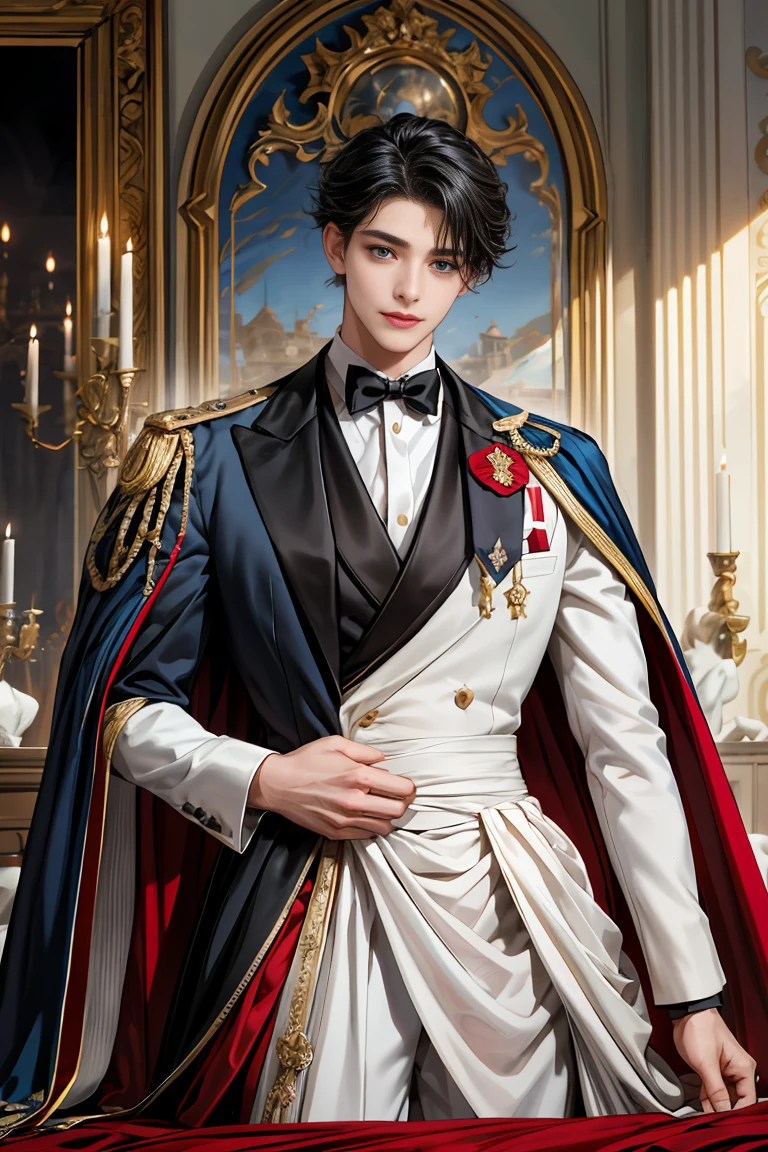 masterpiece, 最high quality, high quality, 1 boy, alone, Male focus, Watching the audience, Messy black hair, Adorable big blue eyes, White, Noble, Noble, Tuxedo、A very voluminous, large, very large, very large, long, long red and black cape with a high stand-up collar, reaching down to the floor, made of a lot of fabric., ,Cute beautiful boys,Cute, cute, gentle smiling handsome man