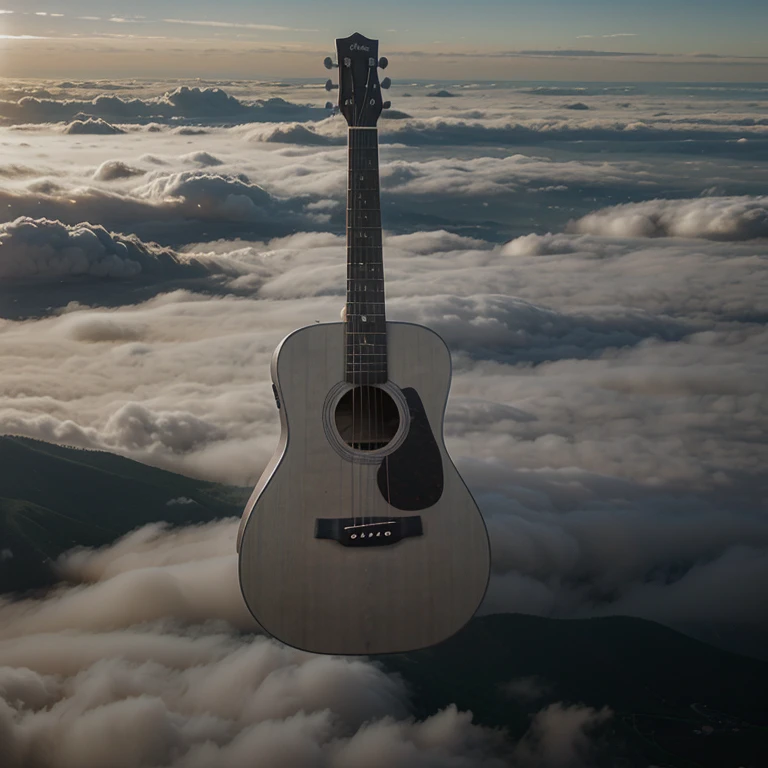 A gray acoustic guitar above the clouds 