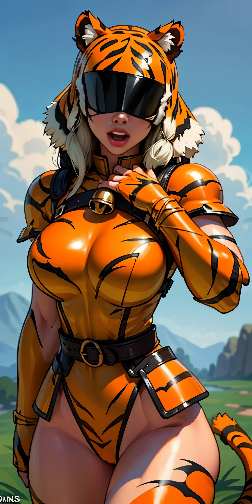 1 solo female blindfolded, animal tiger ears, animal tiger hands, animal tiger print, bell ((Armor reminiscent of a tiger)) Roxanne