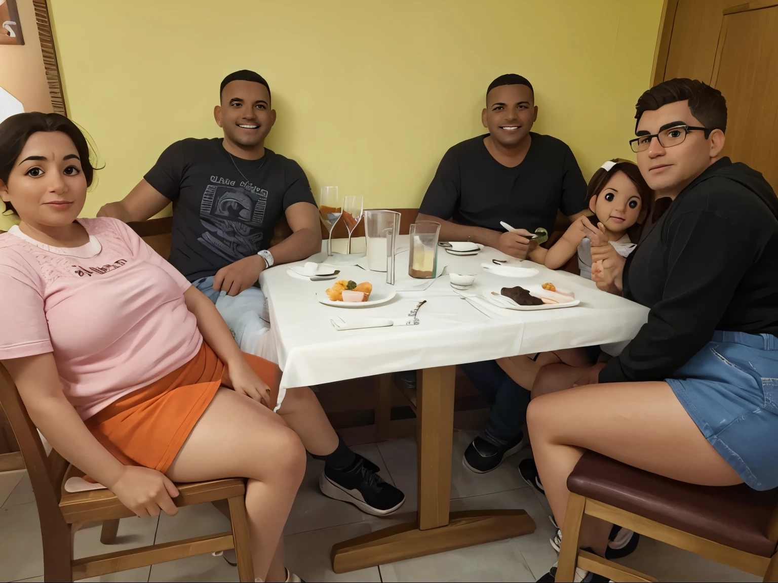Familia jantando sentados na mesa do restaurante, maximum image quality resolution.