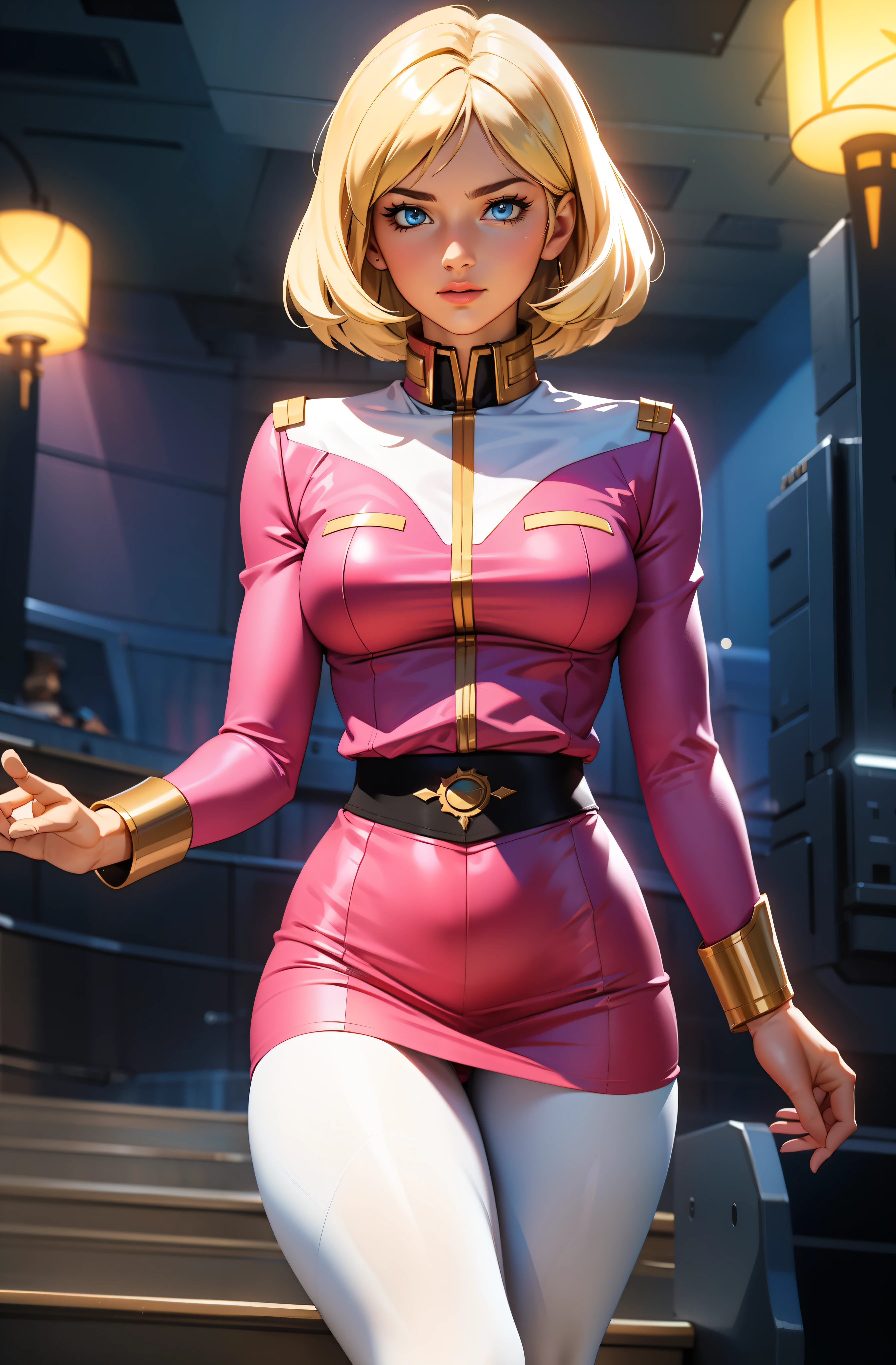 ((masterpiece)), ((cinematic lighting)), realistic photo、Real Images、Top image quality、1girl in, sayla mass, Elegant, masterpiece, Convoluted, slim arms, wide hips, thick thighs, thigh gaps, Best Quality, absurderes, high face detail, Perfect eyes, mature, Cowboy Shot, , Vibrant colors, soft pink uniform, soft pink Skirt, white tights
