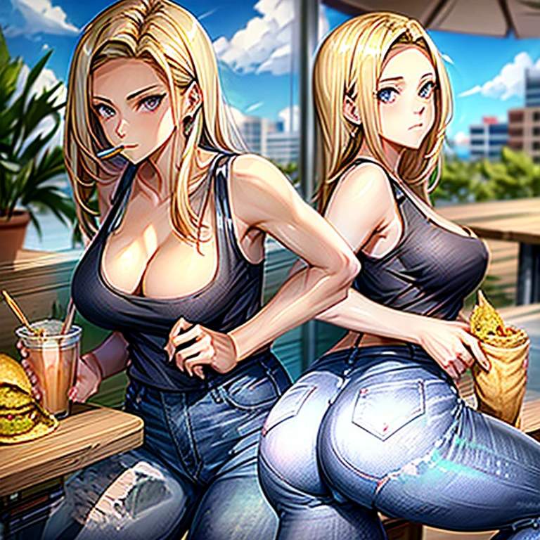 A woman in a tank top and slim jeans eating a taco at a taco shop The cola is on the table Large Breasts Big Ass