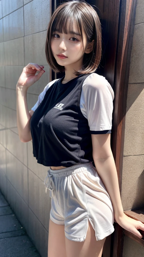 muste piece, best quality, illustration, Super detailed, fine details, High resolution, 8K,wall paper, perfect dynamic composition,(Details High quality, realistic depiction of eyes:1.3), from side, oversized sport shirt, shorts women, short bob hair, black hair color, Big Natural Color Lip, sexy pose, crying a little、cold gaze, Harajuku style、20 year old girl、cute type、lolita, hposing Gravure Idol, full body photo、focus on crotch, huge breasts