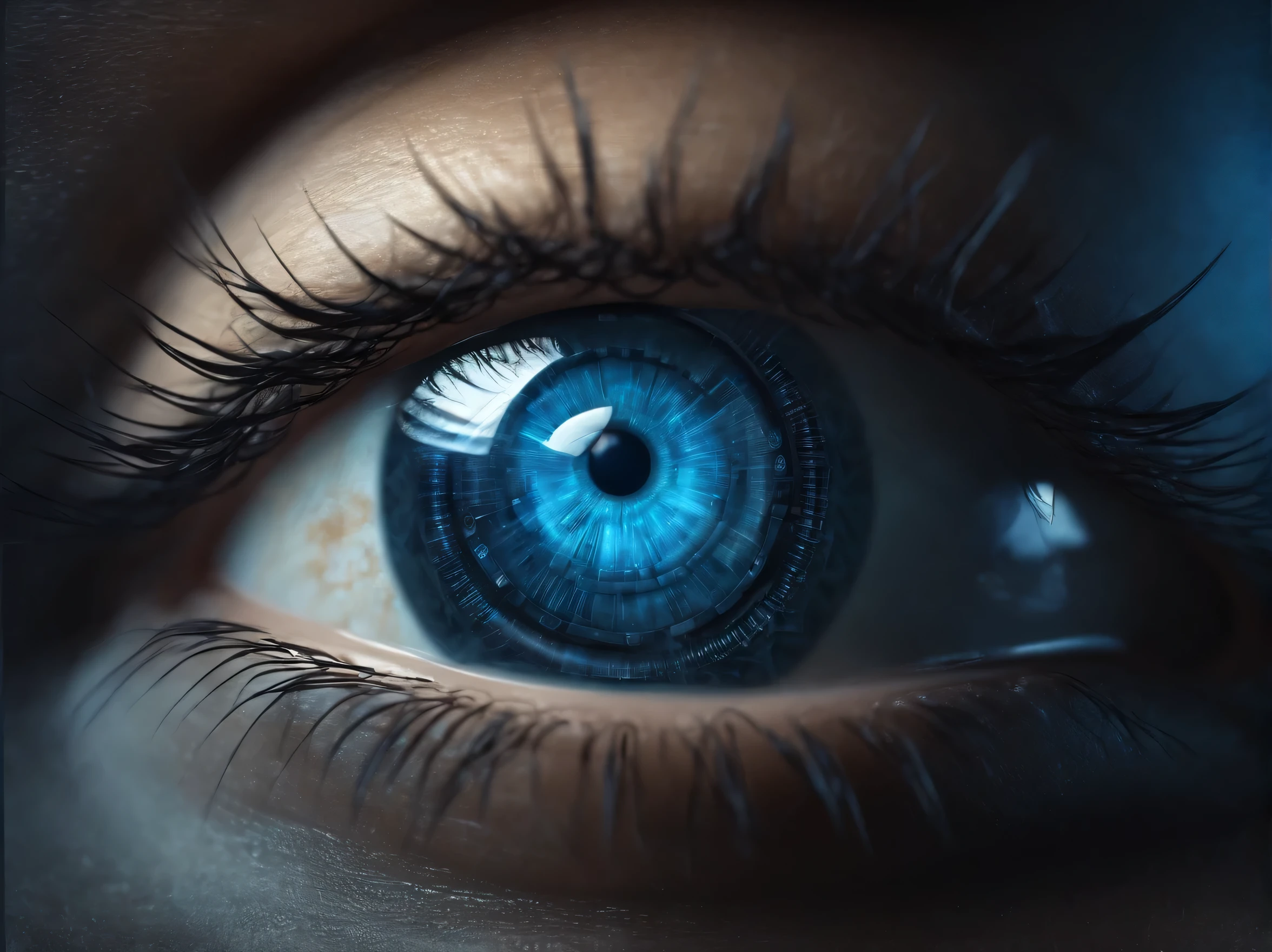 computer graphics, blue cyborg circular eye, binary numbers, 4k,