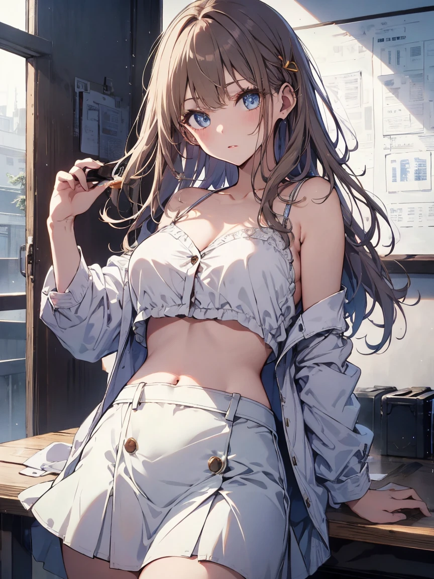 Beautiful girl、Beautiful long light brown hair with bangs、Beautiful Blue Eyes、Wearing a short, loose white camisole unbuttoned、Wearing a short unbuttoned yellow skirt、Also remove the button、With her belly button exposed