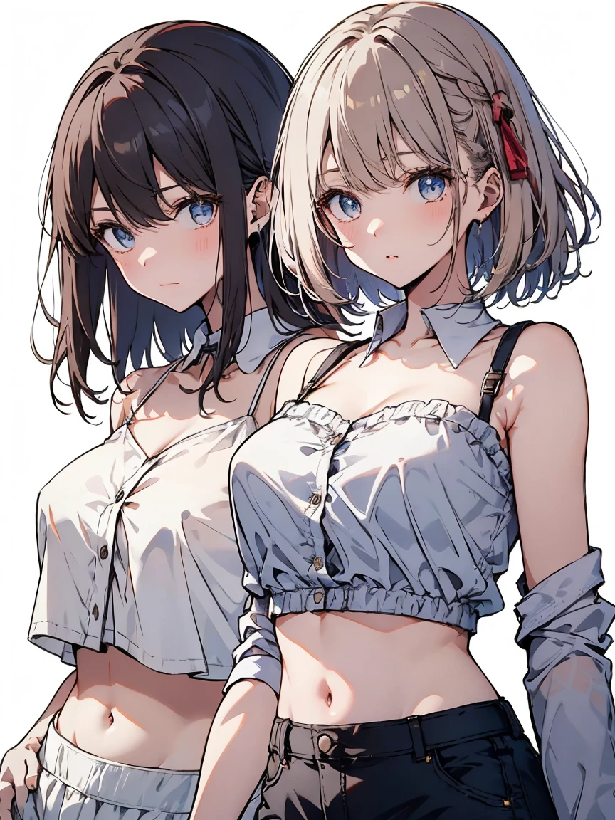 Beautiful girl、Beautiful long light brown hair with bangs、Beautiful Blue Eyes、Wearing a short, loose white camisole unbuttoned、Wearing a short unbuttoned yellow skirt、Also remove the button、With her belly button exposed