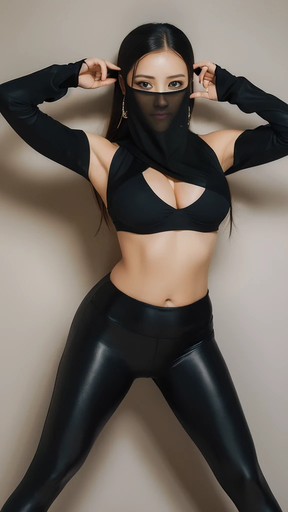 （lifelike， high - resolution：1.3），full body , 1 girl with a perfect body， Super fine face and eyes，slong hair， midriff of black colors：1.2， black shiny leggings，face veil,   big boob，Expose cleavage, belly dance pose.