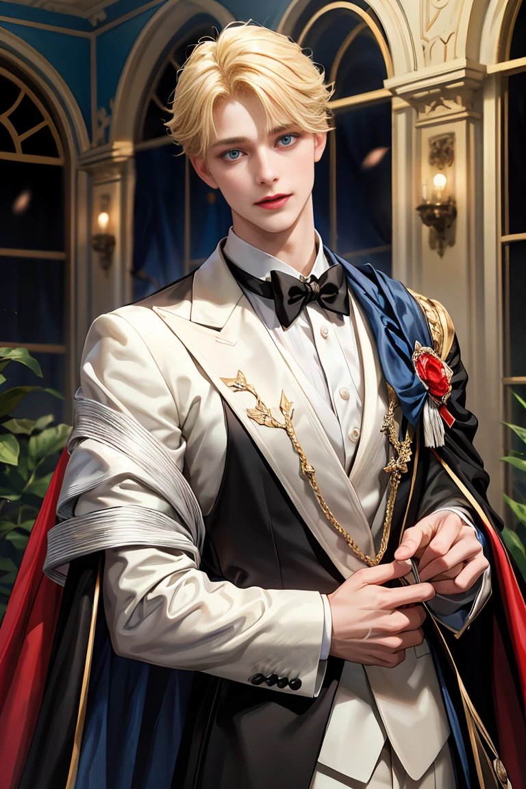 masterpiece, 最high quality, high quality, 1 boy, alone, Male focus, Watching the audience, Messy blonde, Adorable big blue eyes, White, Noble, Noble, Beautiful Vampire、Tuxedo、A very voluminous, large, very large, very large, long, long red and black cape with a high stand-up collar, reaching down to the floor, made of a lot of fabric., 17 years old,Cute beautiful boys,Cute, cute, gentle smiling handsome man