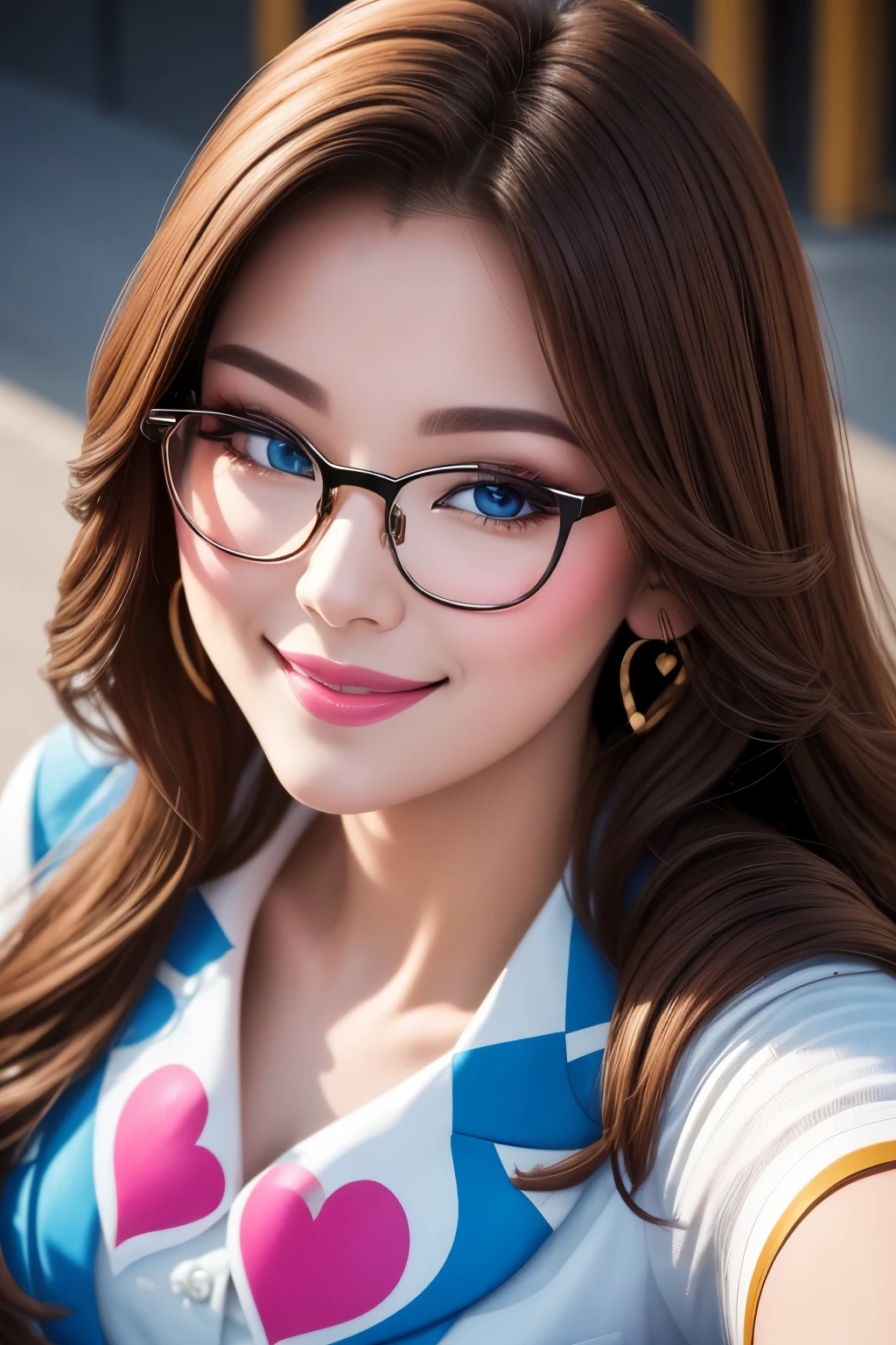 selfie from above, best quality, super fine, 16k, incredibly absurdres, extremely detailed, intelligent beauty, glasses, cute winking smile, hearts painted on her cheeks, portrait