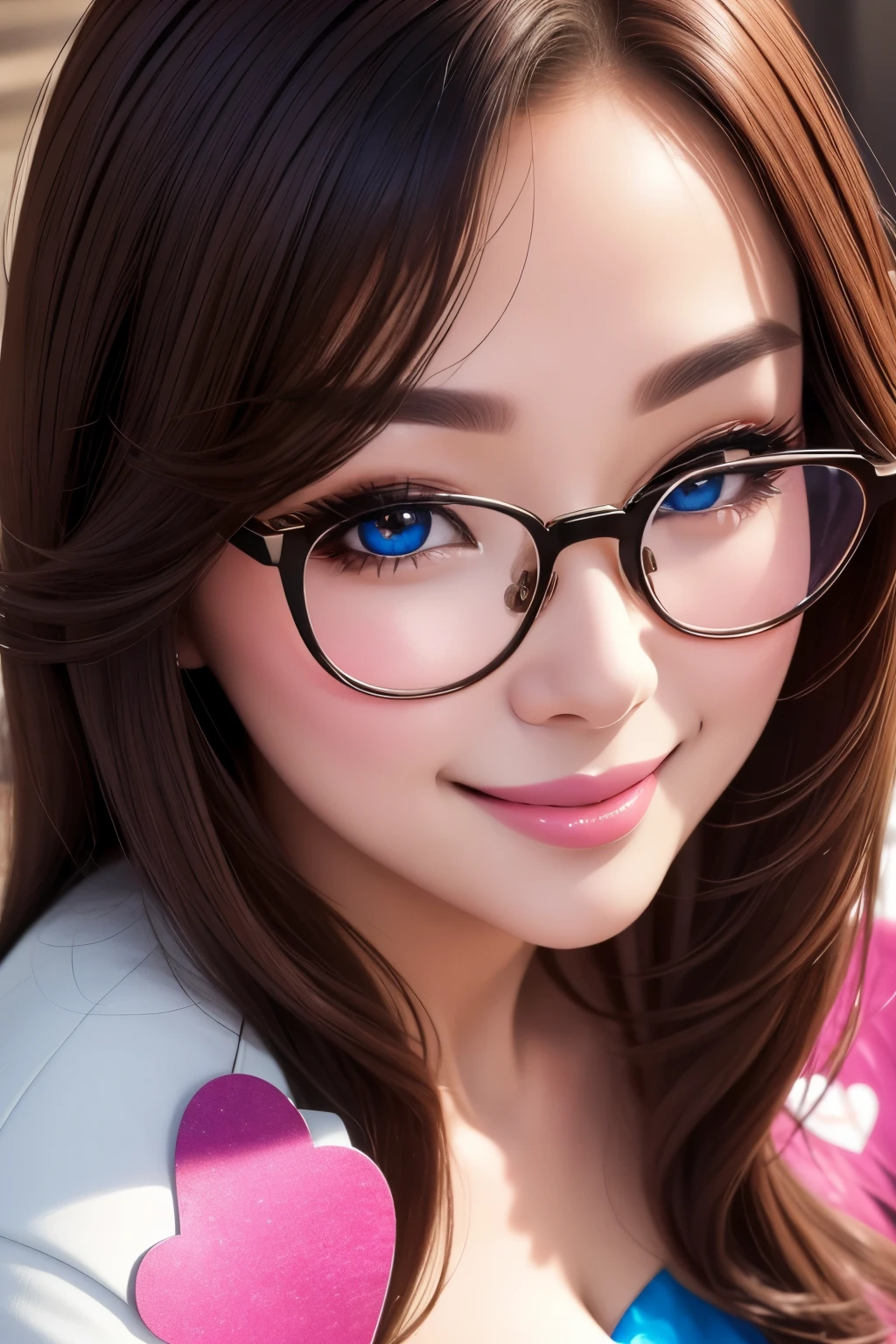 selfie from above, best quality, super fine, 16k, incredibly absurdres, extremely detailed, intelligent beauty, glasses, cute winking smile, hearts painted on her cheeks, portrait