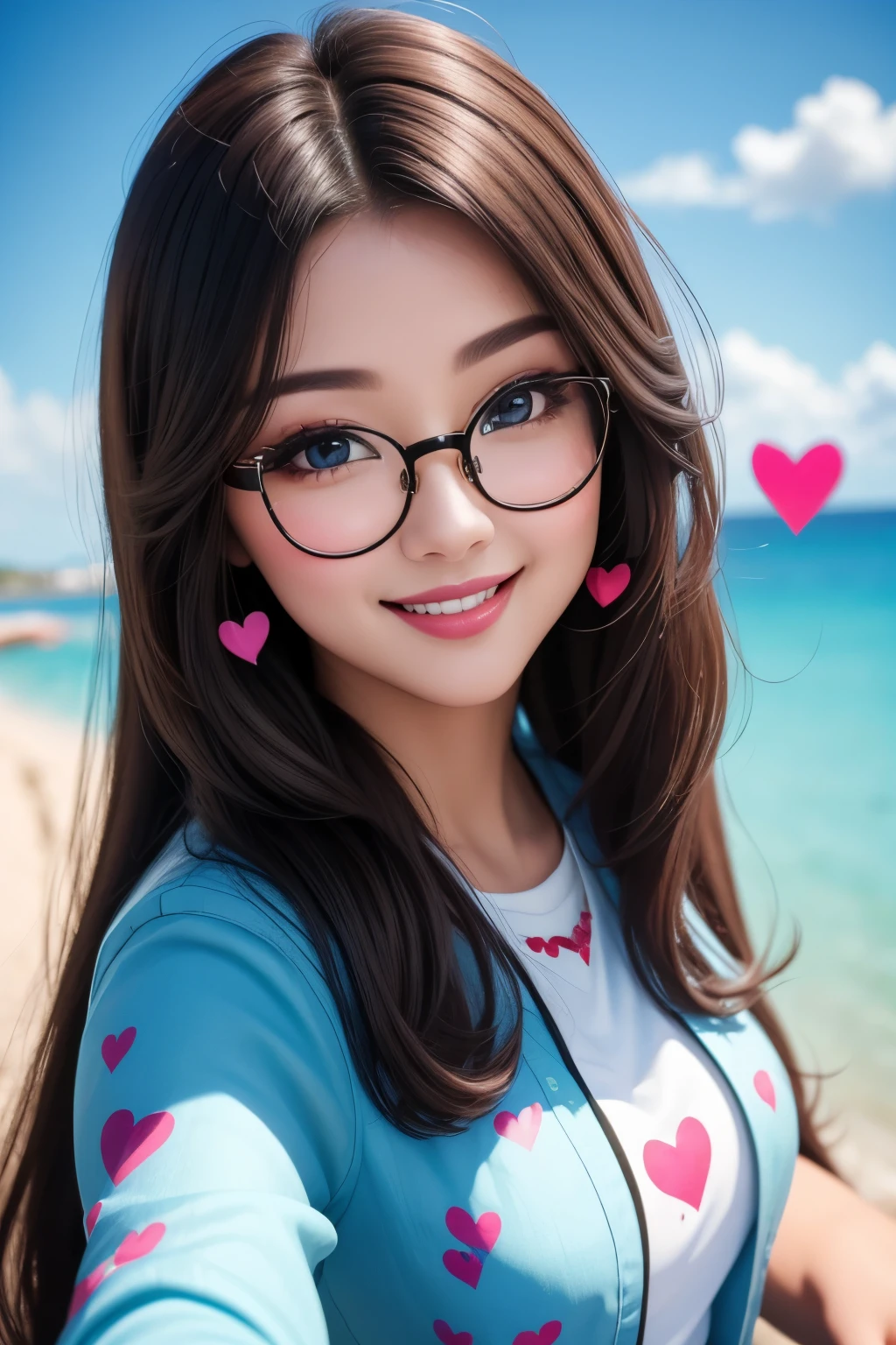 selfie from above, best quality, super fine, 16k, incredibly absurdres, extremely detailed, intelligent beauty, glasses, cute winking smile, hearts painted on her cheeks, portrait