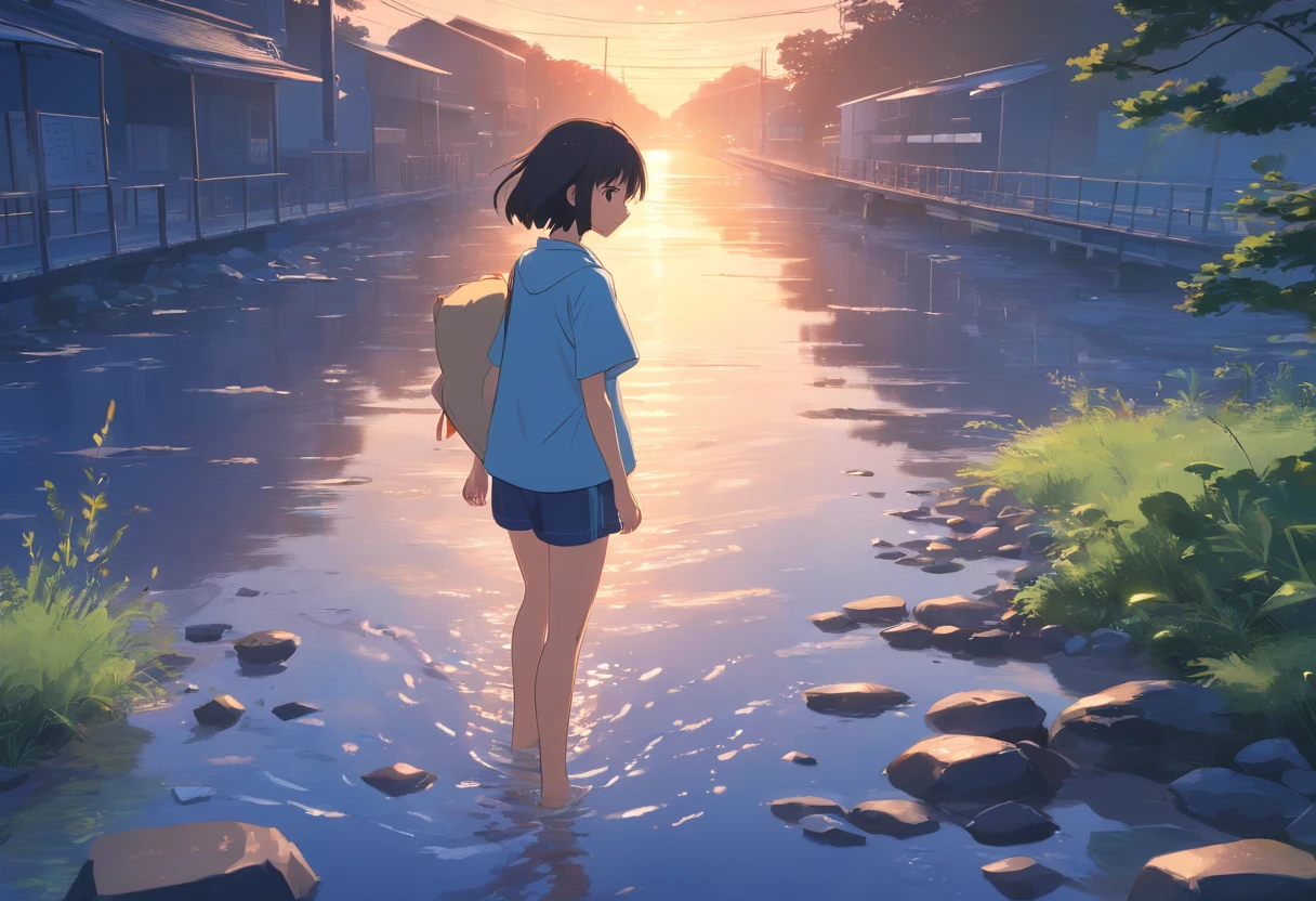 America、A cute sleepy girl in pajamas walking along a riverbed in the middle of the night, holding a pillow、可愛いブロンドのAmerica人の少女、semi-long、sleepwalking、Only the street lights、It's pitch black outside、