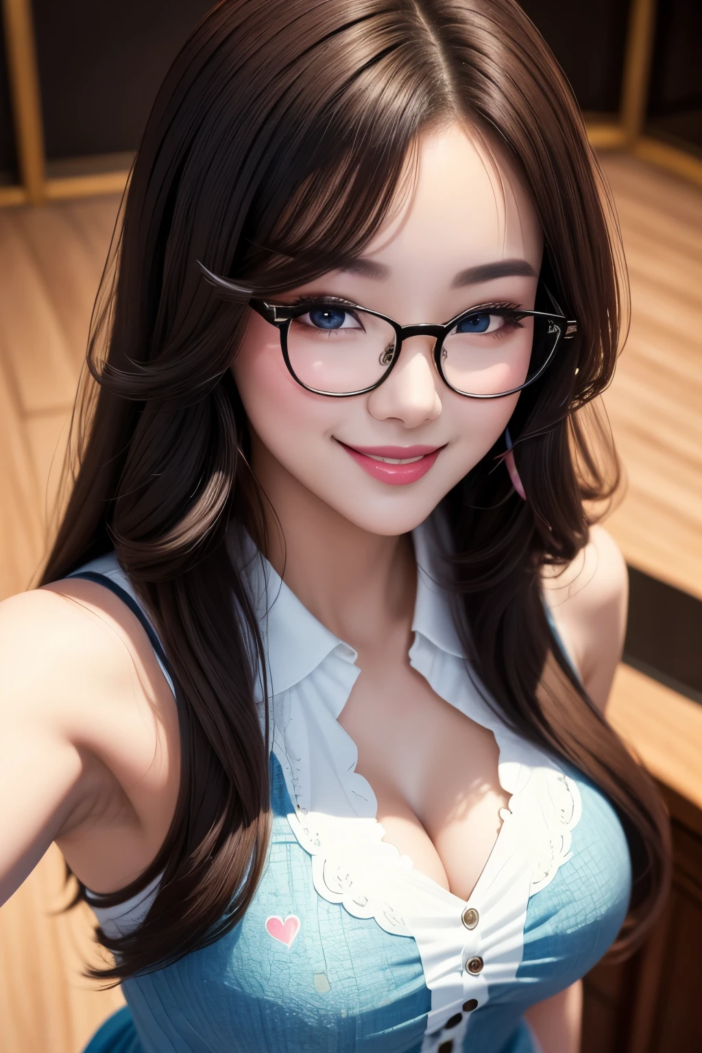 selfie from above, best quality, super fine, 16k, incredibly absurdres, extremely detailed, intelligent beauty, glasses, cute winking smile, hearts painted on her cheeks, portrait