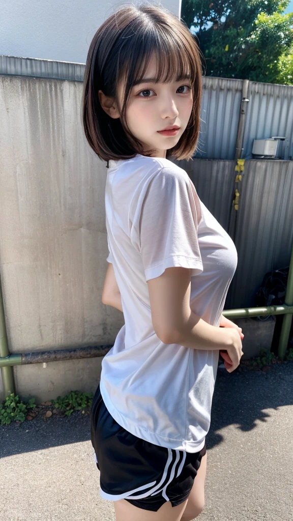 muste piece, best quality, illustration, Super detailed, fine details, High resolution, 8K,wall paper, perfect dynamic composition,(Details High quality, realistic depiction of eyes:1.3), from side, oversized sport shirt, shorts women, short bob hair, black hair color, Big Natural Color Lip, sexy pose, crying a little、cold gaze, Harajuku style、20 year old girl、cute type、lolita, hposing Gravure Idol, full body photo、focus on crotch, huge breasts