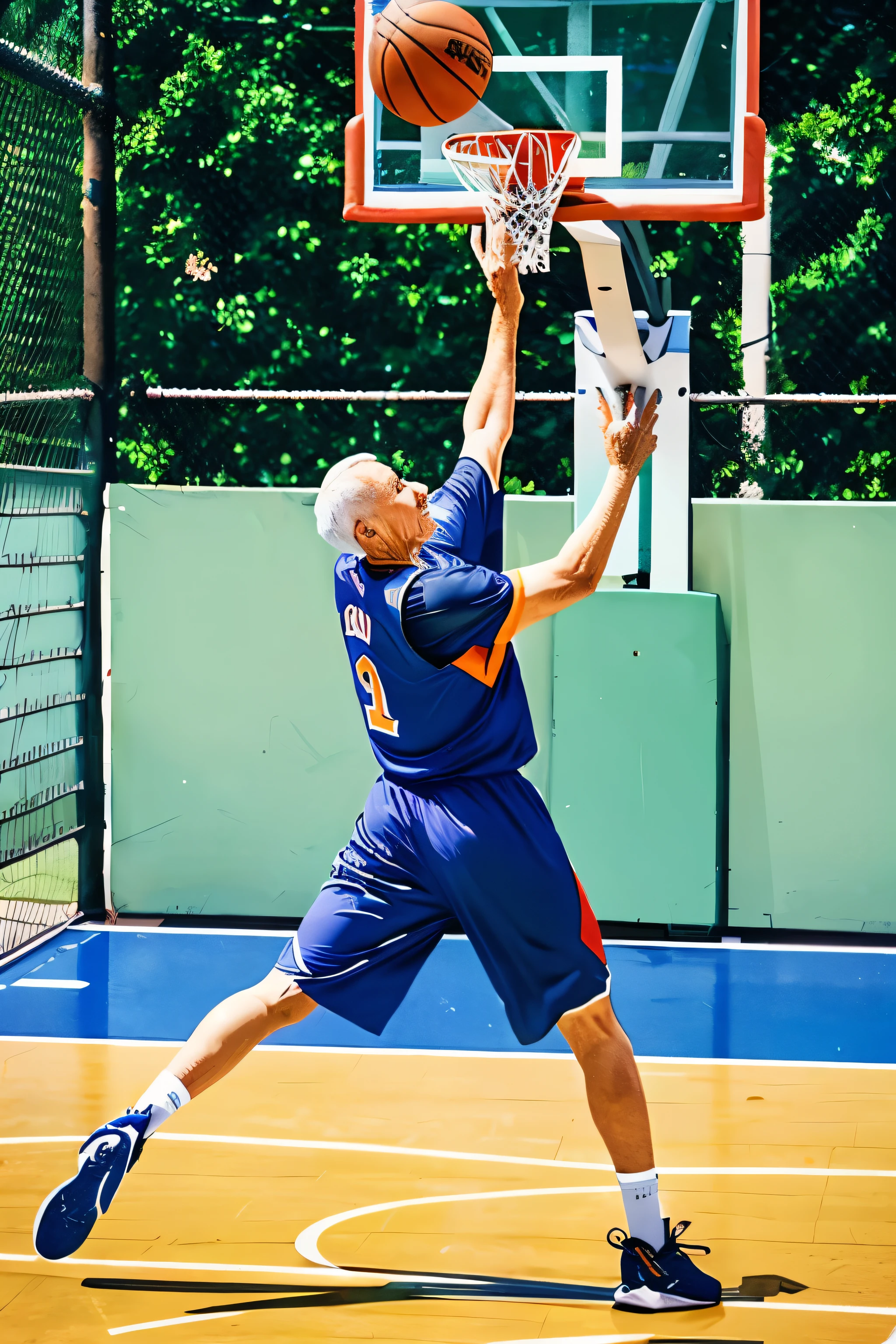 Illustration of an old man playing basketball defense