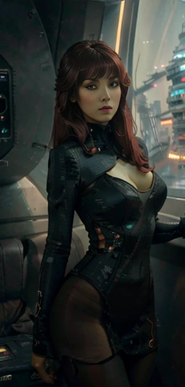 ((Top Quality、16K、​masterpiece:1.3))、a tall and beautiful woman、Perfect Figure:1.4、(retro futuristic aesthetic) Slim Abs、vulcan girl (from star trek) solo, volumous red hair (very red)、60s hairstyle (with hair bangs)、long big pointed ears, very green skin, small eyebrows, No postural movement、Stand up straight、Huge bust、Highly detailed facial and skin texture、(A detailed eye, Symmetry Eyes, Clear realistic eyes, Double eyelidd、Cold-stricken face、Symmetrical face), very tanned green skin (illuminated, realistic shading sound), goth makeup, Royal sisters full of fans、The Telegraph Esbian、peach buttocks、(black futuristic Dress, Very Tight Knit), cleavage,  squart、(Raw foto:1.2)、((Photorealcitic:1.4))Top Quality、​masterpiece、Real Photography、very delicate and beautiful.、super detailed CG、Unity、8K photo wallpaper、delicate detail、best qualtiy、Highly detailed CG unity 8k wallpaper、absurderes、Incredibly Absurd、huge file size、extremely highly detailed、Hight Resolution、ighly Details、Beautiful detail girl、extremely detailed eyes and face、beautiful delicate eyes、Facial light、cinematic lightings、(big hips, thick thighs, beautiful legs, black pantyhose) 1girll、see -through,Watch your audience, Plane Air, high ponytail、ulzzang-6500、The Telegraph Esbian, different poses at different angles,