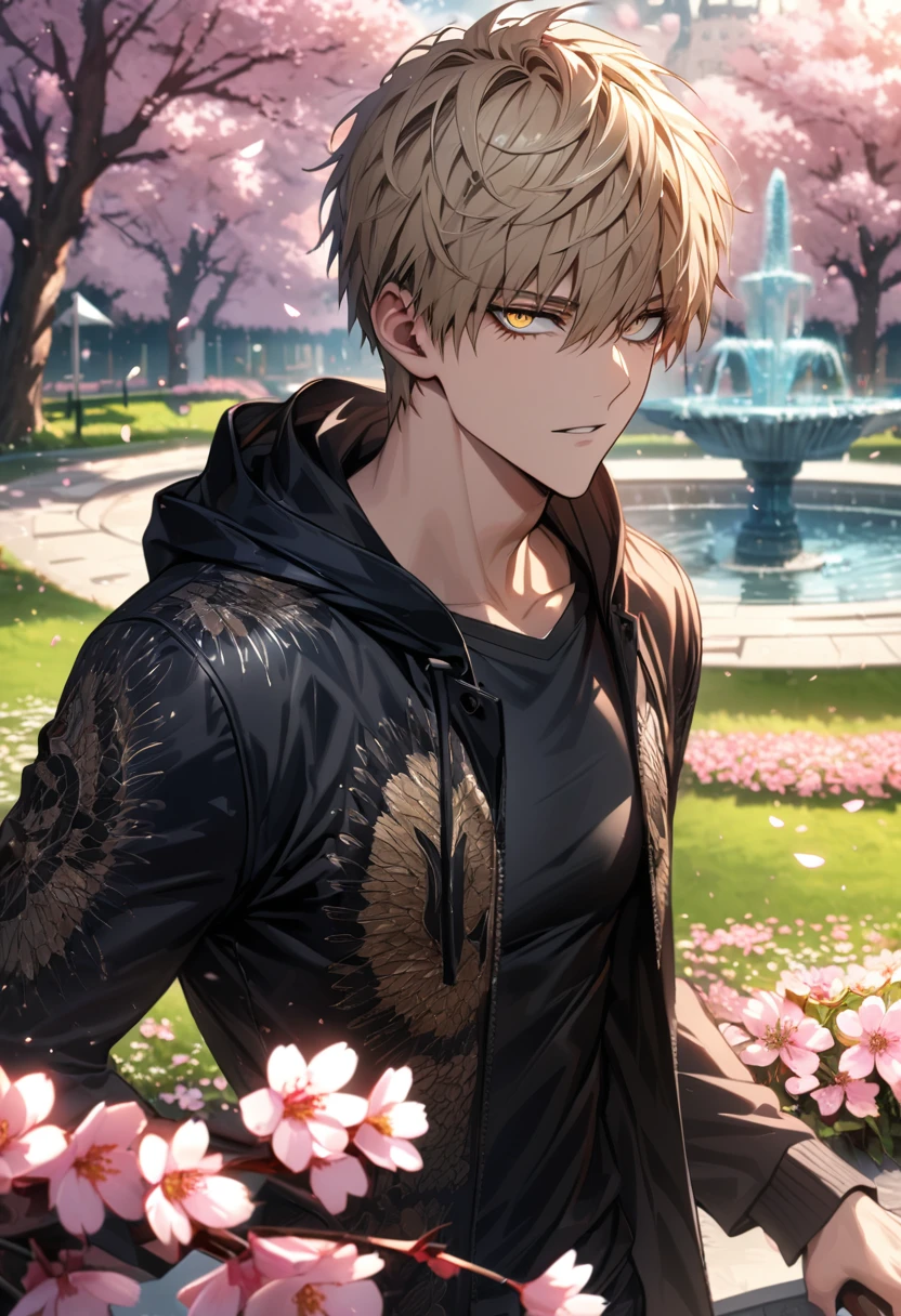 Ultra detailed, Highres, absurdres, HDR, Genos, ash blond hair, expressive golden eyes, black long coat with patterns with a hoddie, One Punch Man, pink flowers, petals, handsome, sexy man, solo, very detailed eyes and face, park, fountain, cherry blossoms, black tight t-shirt, master piece,