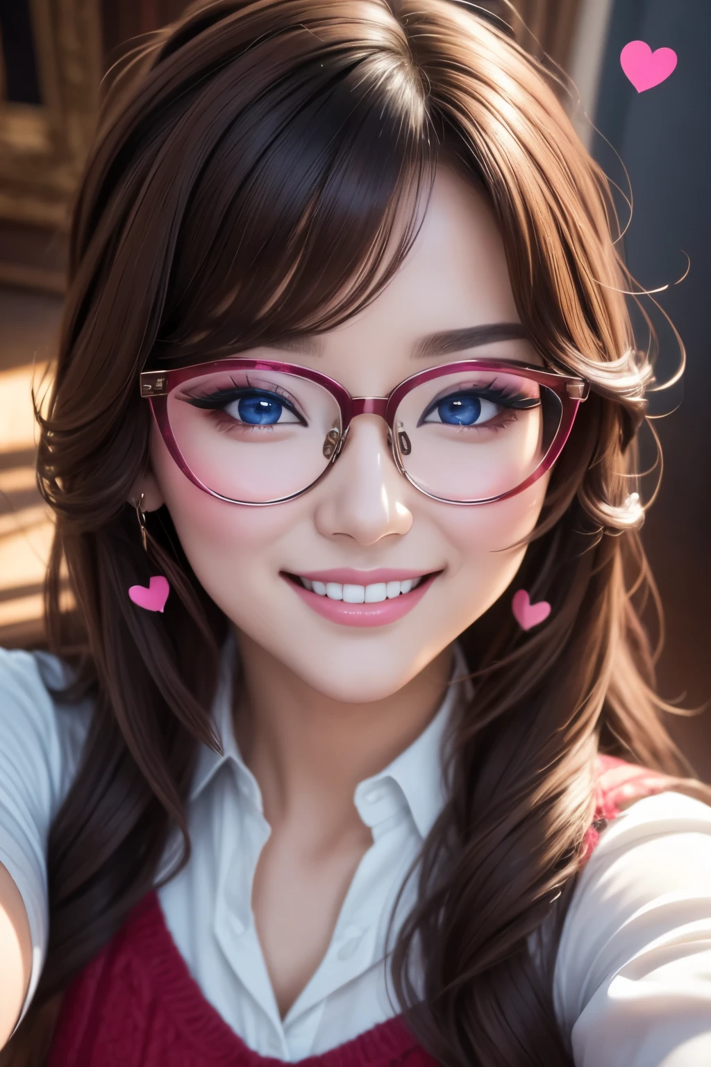 selfie from above, best quality, super fine, 16k, incredibly absurdres, extremely detailed, intelligent beauty, glasses, cute winking smile, hearts painted on her cheeks, portrait