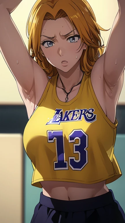 a close up of a person wearing a basketball uniform, a picture, inspired by Kentaro Miura, trending on pixiv, Rangiku Matsumoto, Bleach, wearing yellow nba jersey, yellow croptop nba jersey, wearing a low cut croptop, wearing croptop, croptop, the words "Lakers" written on the croptop, golden raito, (winking), shirobako, large)}], favorite scene, fine details. anime. skins, sweating, big breasts, both hands raised, armpits, armpits visible, dripping with sweat, more more sweat, sweaty armpits