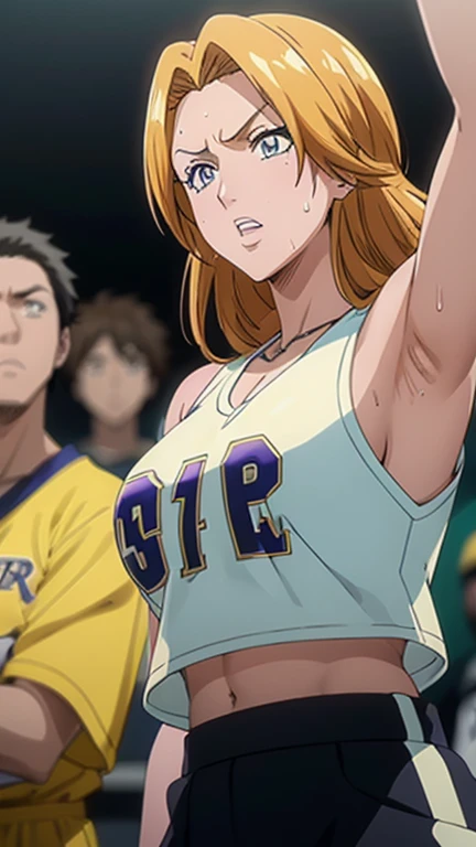 a close up of a person wearing a basketball uniform, a picture, inspired by Kentaro Miura, trending on pixiv, Rangiku Matsumoto, Bleach, wearing yellow nba jersey, yellow croptop nba jersey, wearing a low cut croptop, wearing croptop, croptop, the words "Lakers" written on the croptop, golden raito, (winking), shirobako, large)}], favorite scene, fine details. anime. skins, sweating, big breasts, both hands raised, armpits, armpits visible, dripping with sweat, more more sweat, sweaty armpits