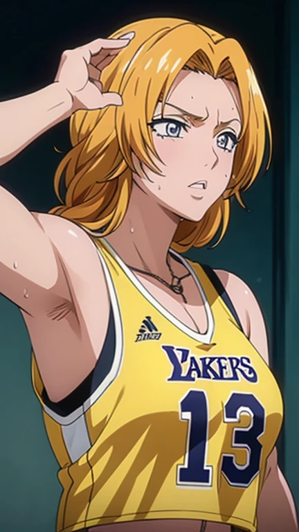 a close up of a person wearing a basketball uniform, a picture, inspired by Kentaro Miura, trending on pixiv, Rangiku Matsumoto, Bleach, wearing yellow nba jersey, yellow croptop nba jersey, wearing a low cut croptop, wearing croptop, croptop, the words "Lakers" written on the croptop, golden raito, (winking), shirobako, large)}], favorite scene, fine details. anime. skins, sweating, big breasts, both hands raised, armpits, armpits visible, dripping with sweat, more more sweat, sweaty armpits