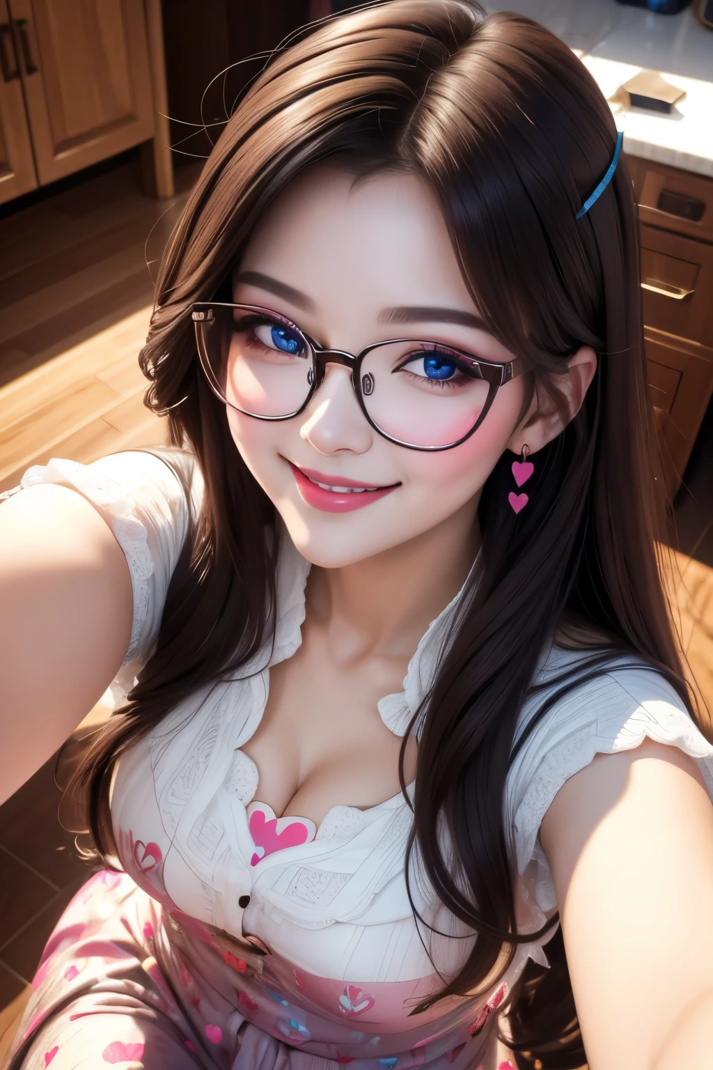 selfie from above, best quality, super fine, 16k, incredibly absurdres, extremely detailed, intelligent beauty, glasses, cute winking smile, hearts painted on her cheeks, portrait