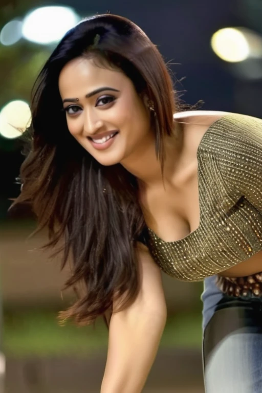 ultrarealistic close up photo of a thin woman, Shweta Tiwari, outdoors, realistic skin texture, smiling, looking looking at camera, (kurta, Jeans:1.2), smiling, night time, beautiful bokeh, realistic anatomy, full body, sexy thigh, big ass , bent over.