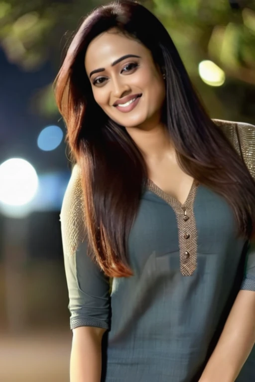 ultrarealistic close up photo of a thin woman, Shweta Tiwari, outdoors, realistic skin texture, smiling, looking looking at camera, (kurta, Jeans:1.2), smiling, night time, beautiful bokeh, realistic anatomy, full body, sexy thigh, big ass , bent over.