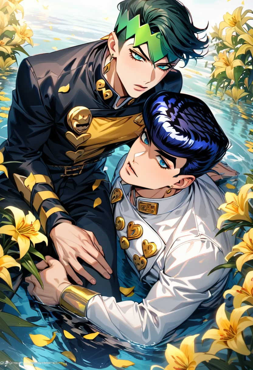 absurdres, highres, ultra detailed, HDR, master piece, best quality, Kishibe Rohan, dark green hair, expressive green eyes, jojo bizarre adventure, Josuke Higashikata, dark blue hair, expressive blue eyes, two sexy men together, gay couple, handsome, black clothes, white clothes, water, yellow butterflies, yellow lilies, petals