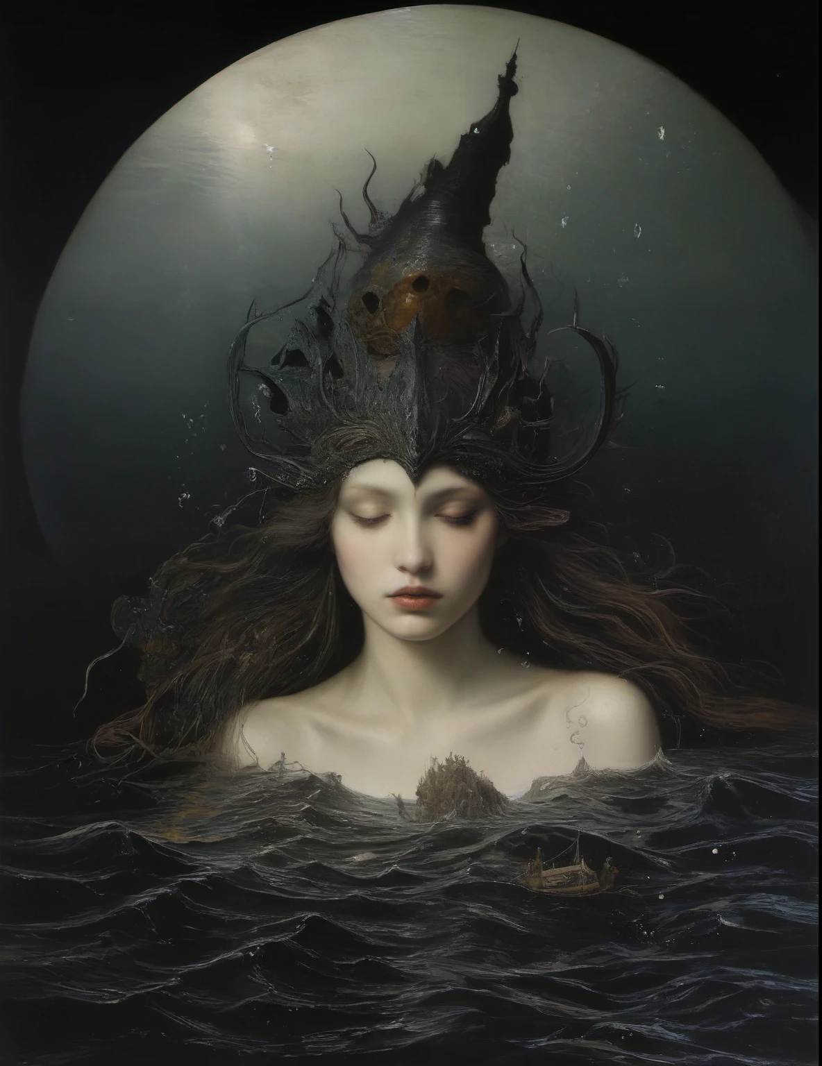 James Gurney, Surrealist art , dream-like, Mysterious, Provocative, symbolic, Complex, detailed,, (Gothic but very beautiful:1.4), (masterpiece, highest quality:1.4) , Nicola Samori Style, In the sea、Beautiful Mermaid