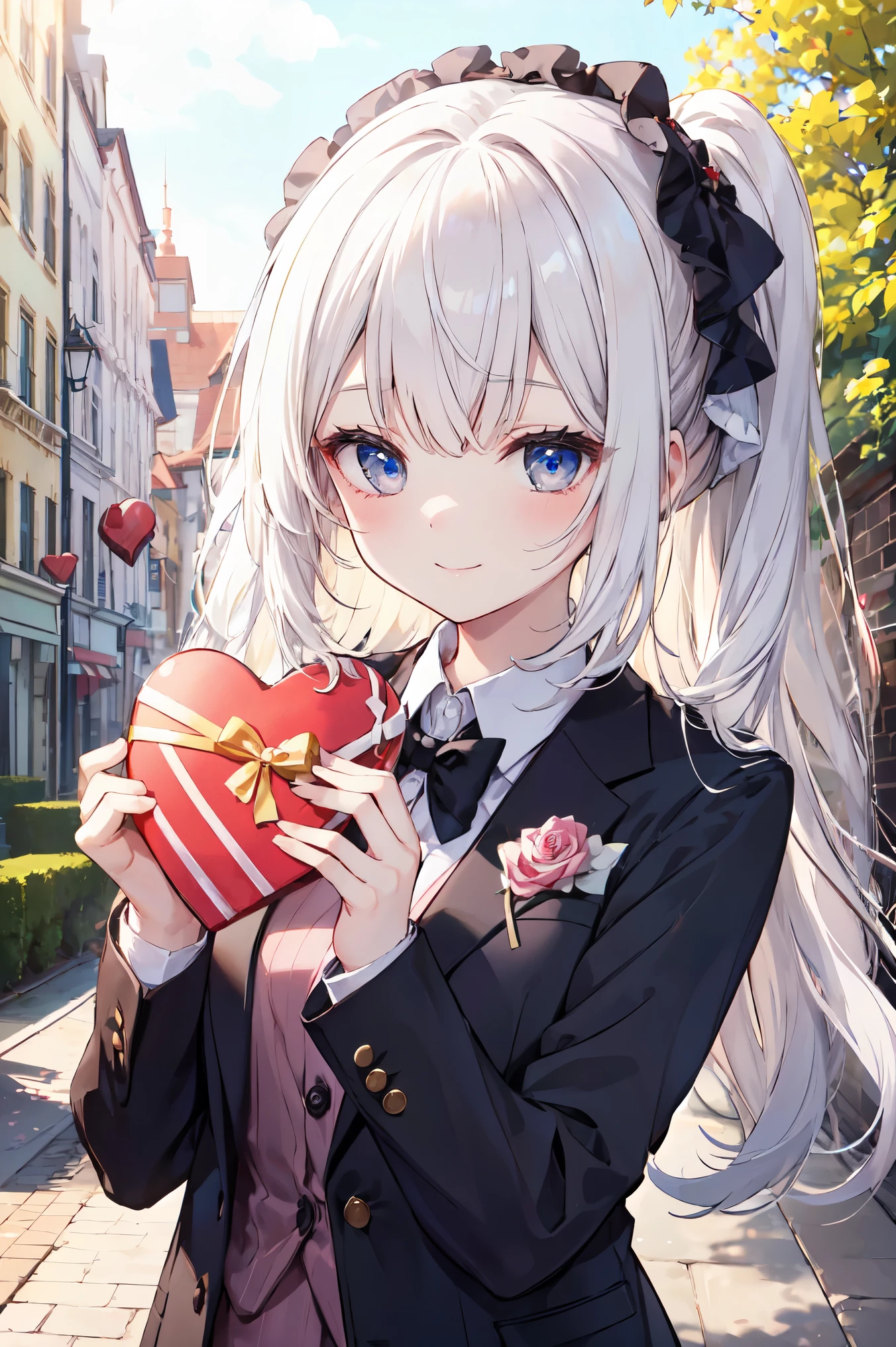 (Cute older sister:1.3)、smile,Spring atmosphere、In a suit、((Valentine's Day))、evening、blonde、Very detailed、chocolate
