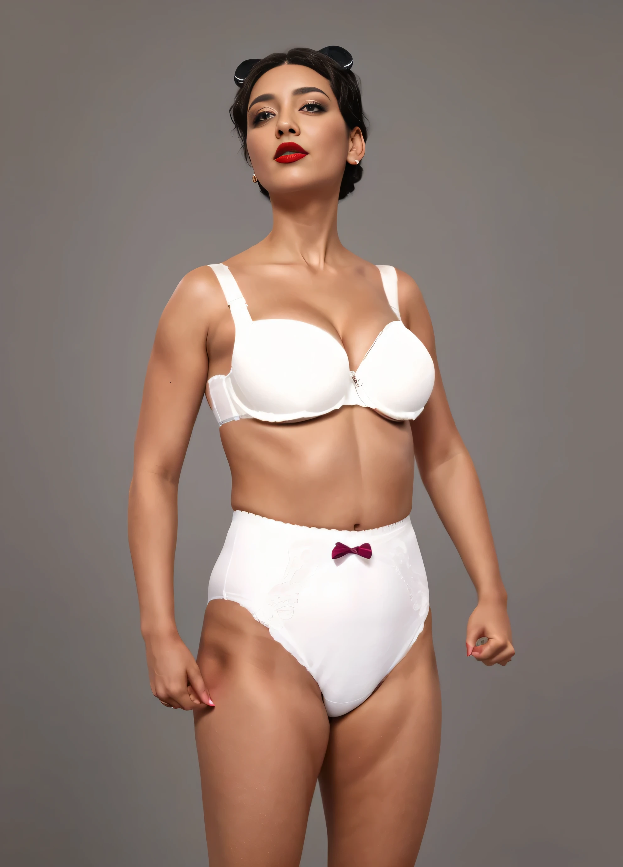 ((masterpiece, best quality)), ((((perfect anatomy)))), (33 year old)), (((Curvy))), (((woman with curled black hair)), in ((White bra)), ((white high cut panties with a red bow tie)), Dark makeup, ((magenta lipstick)), smirking, Standing in front of a grey screen, ((((photo realistic))))