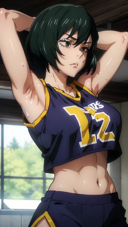 a close up of a person wearing a basketball uniform, a picture, inspired by Kentaro Miura, trending on pixiv, mai zenin, jujutsu kaisen, wearing yellow nba jersey, yellow croptop nba jersey, wearing a low cut croptop, wearing croptop, croptop, the words "Lakers" written on the croptop, golden raito, (winking), shirobako, large)}], favorite scene, fine details. anime. skins, sweating, big breasts, both hands raised, armpits, armpits visible, dripping with sweat, more more sweat, sweaty armpits