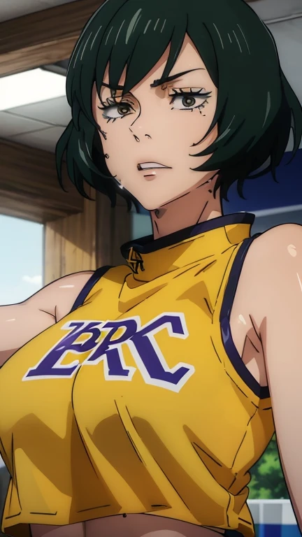 a close up of a person wearing a basketball uniform, a picture, inspired by Kentaro Miura, trending on pixiv, mai zenin, jujutsu kaisen, wearing yellow nba jersey, yellow croptop nba jersey, wearing a low cut croptop, wearing croptop, croptop, the words "Lakers" written on the croptop, golden raito, (winking), shirobako, large)}], favorite scene, fine details. anime. skins, sweating, big breasts, both hands raised, armpits, armpits visible, dripping with sweat, more more sweat, sweaty armpits